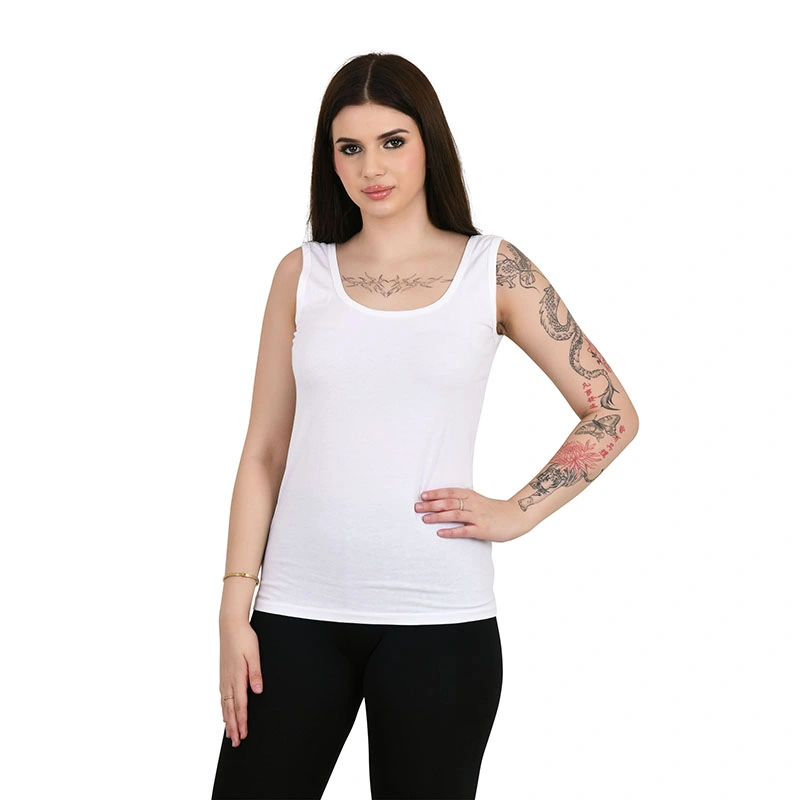Solid white camisole tank top with black leggings - fashion ecommerce photography by Lohar Studio Delhi